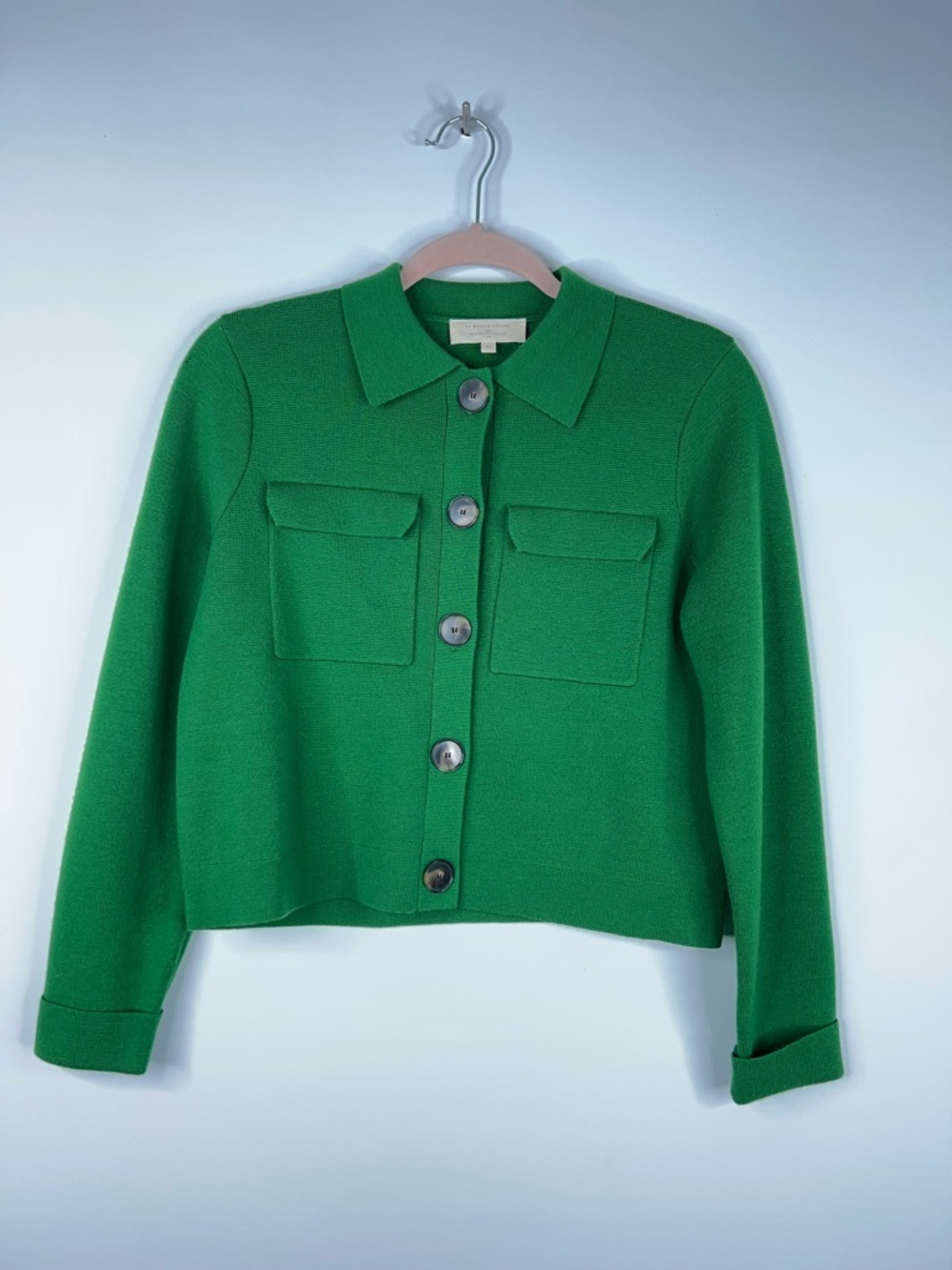Sezane Betty Cardigan Jacket Bright Green Button-Front Merino Wool Size XS
